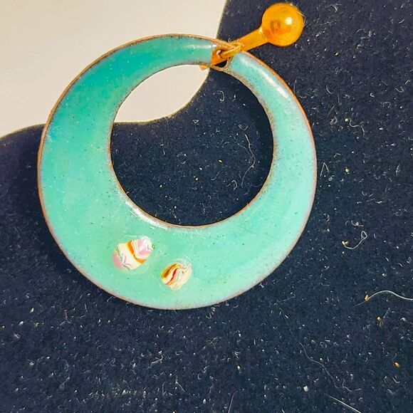 Retro OOAK Copper Enamel Clip On Earrings Moon Geometric Shape w Glass Frit MCM - Picture 5 of 10